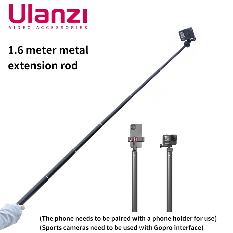 Ulanzi P002 1.6M Metal Extendable Rod Invisible Selfie Stick Pole for GoPro Hero 12 11 Insta360 X2 X3 Mount Monopod Phone Tripod