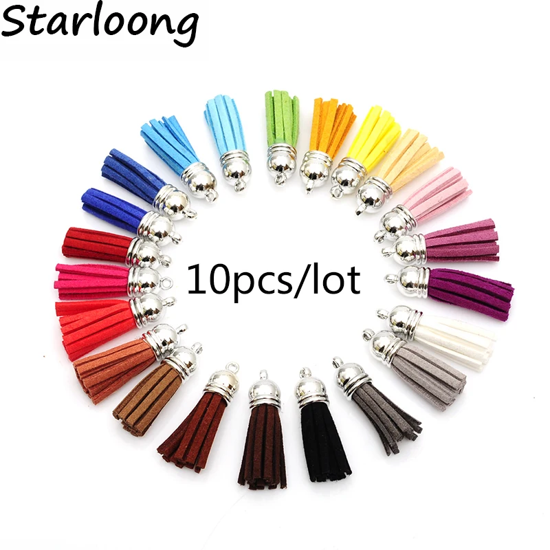 

10pcs/Lot Many Colors Mixed Suede Tassel For Keychain Leather Tassels Silver Caps Straps DIY Jewelry Making Charms Pendants 38mm