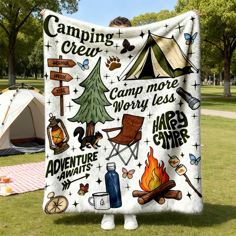 Custom Camping Crew Flannel Blanket, Family Matching Camping Flannel Throw, Summer Camp Vacation Cozy Blanket