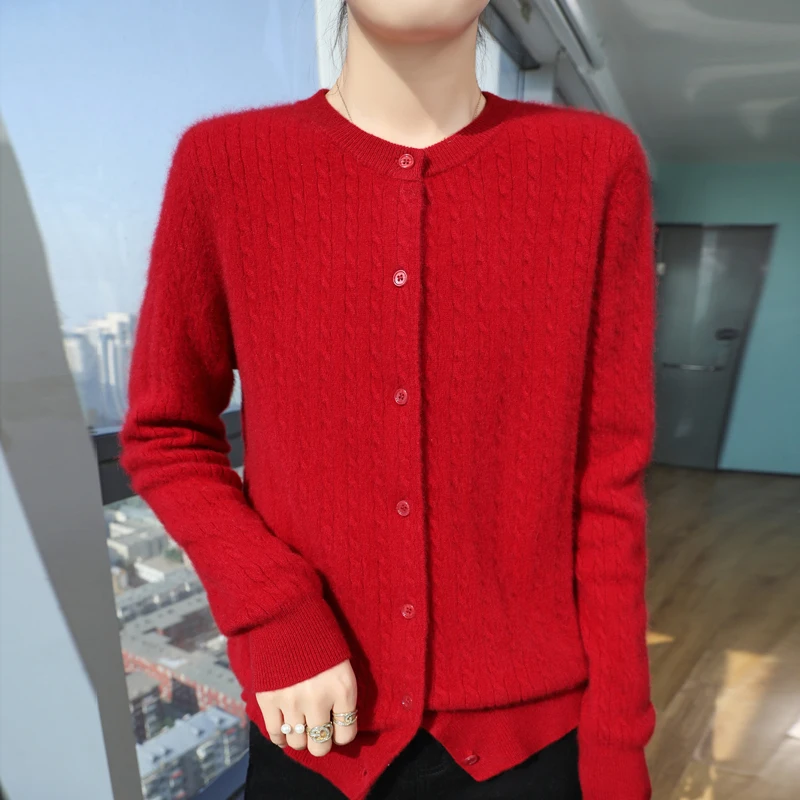 Autumn Winter 100% Merino Wool Sweater Women Cashmere O-neck Cardigan Long Sleeve Twist Knitwear Female Bottoming Soft Clothes