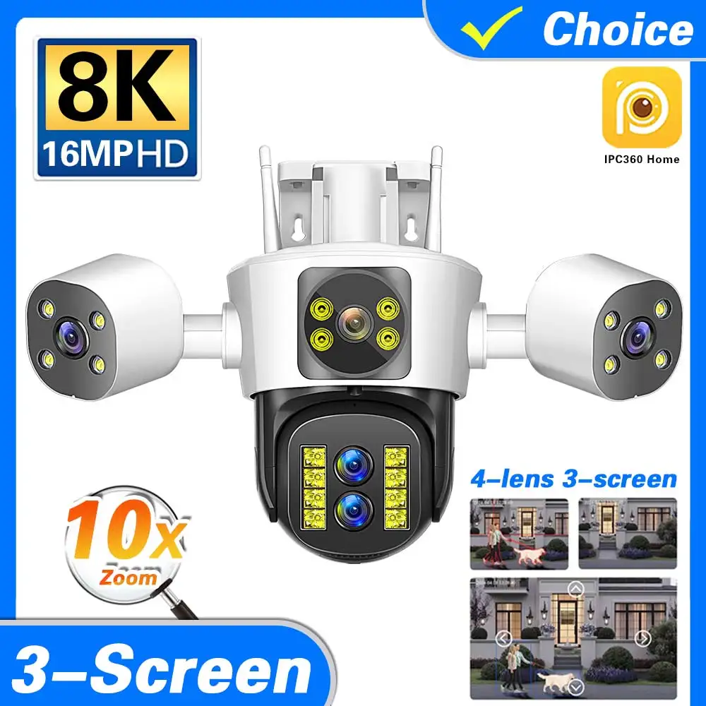 

16MP 8K WiFi Security Cameras Four Len Three Screens 10X Zoom Outdoor PTZ Video Cam Auto Tracking 6K Waterproof Surveillance Cam