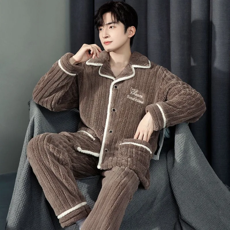 Fleece Thickened and Fleece Loose Warm Cardigan Can Be Worn Outside Flannel Home Wear Men's Pajamas Autumn and Winter Jacquard