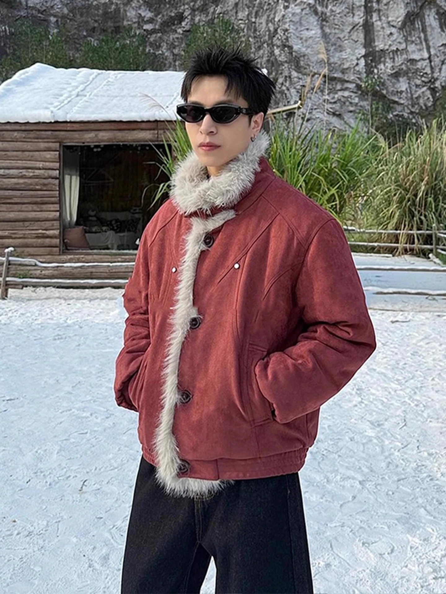 ملابس خارجية شتوية دافئة للرجال من American Sle Thiened من القطن Jaet مع ياقة من الفرو وياقة ثابتة معطف هيب هوب عصري #3