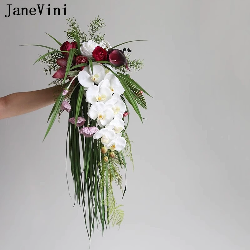 JaneVini Newest Designer Natural Cascading Bridal Bouquet Artificial Bride Flower Green Waterfall Wedding Bouquet Fleur Mariage