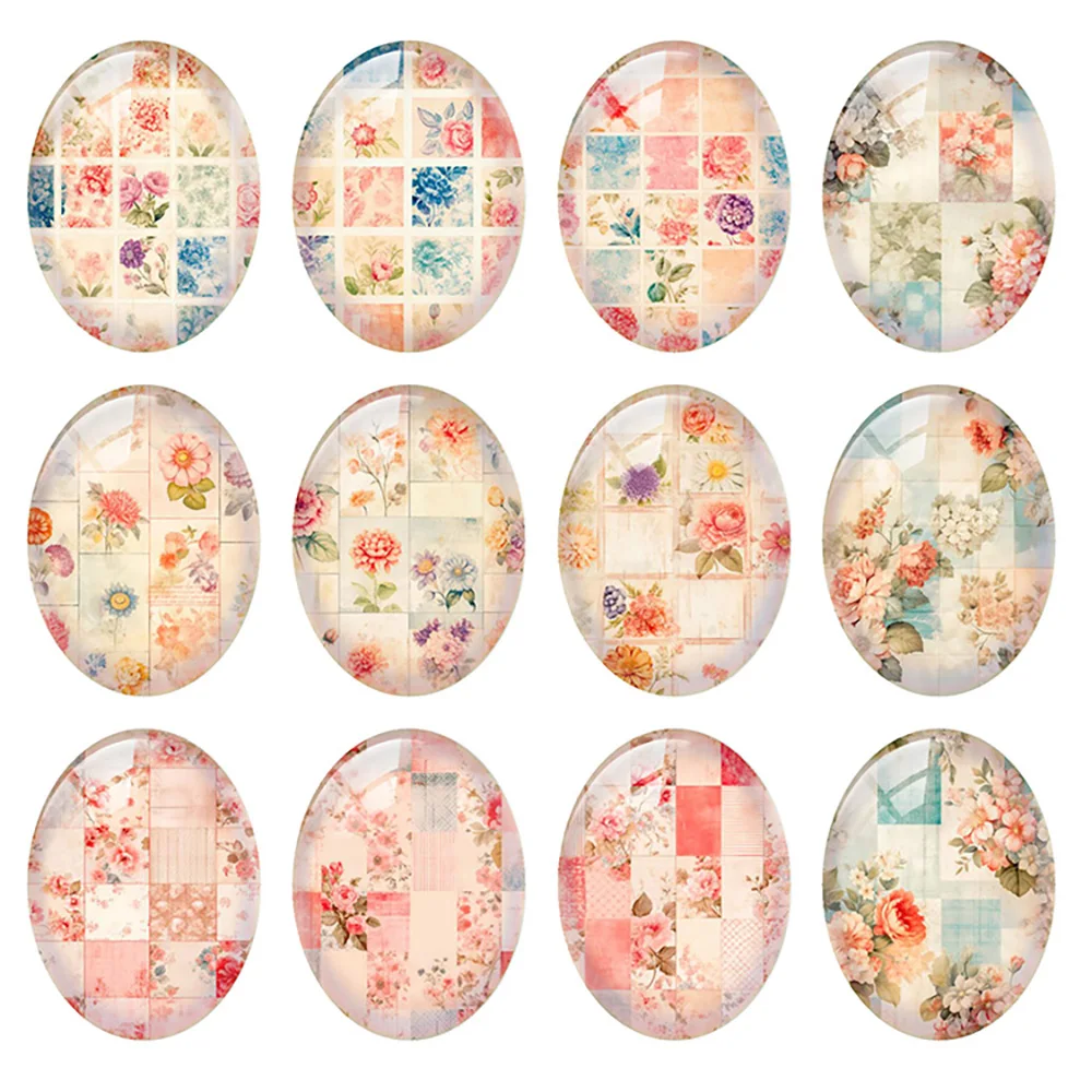 Random Mixed Round/Oval/Square Flower Plaid Photo Glass Cabochon Flatback Demo Cameo For Diy Jewelry Making Handmade Flat Back