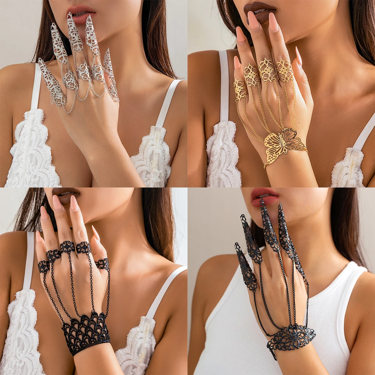 

Готический браслет-кольцо для женщин, вечерние украшения ручной работы, модная коническая цепочка для ногтей, модные металлические украшения, аксессуары для Хэллоуина, новинка