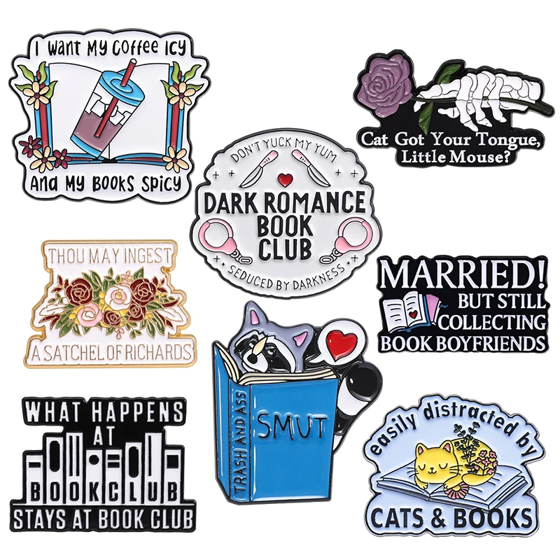 Book Bookworm Club Enamel Pins Cartoon Dark Romance Cat Coffee Smut Reader Reading Brooch Lapel Badge Jewelry Gifts