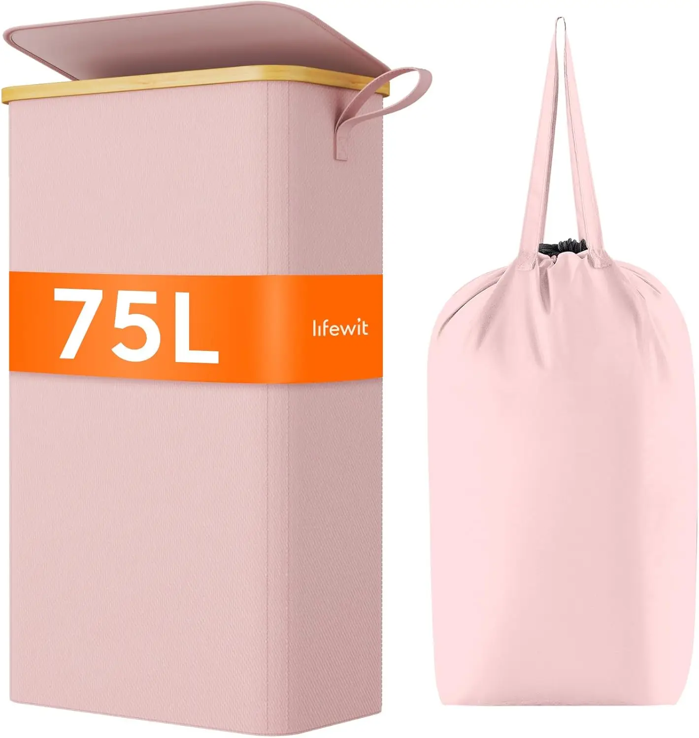 Cesto para Ropa Sucia Delgado de 75L con Tapa, Cesta Plegable Estrecha con Bolsa Extraíble y Asas de Bambú para Baño, Dormitorio, Residencia Universitaria, Rosa