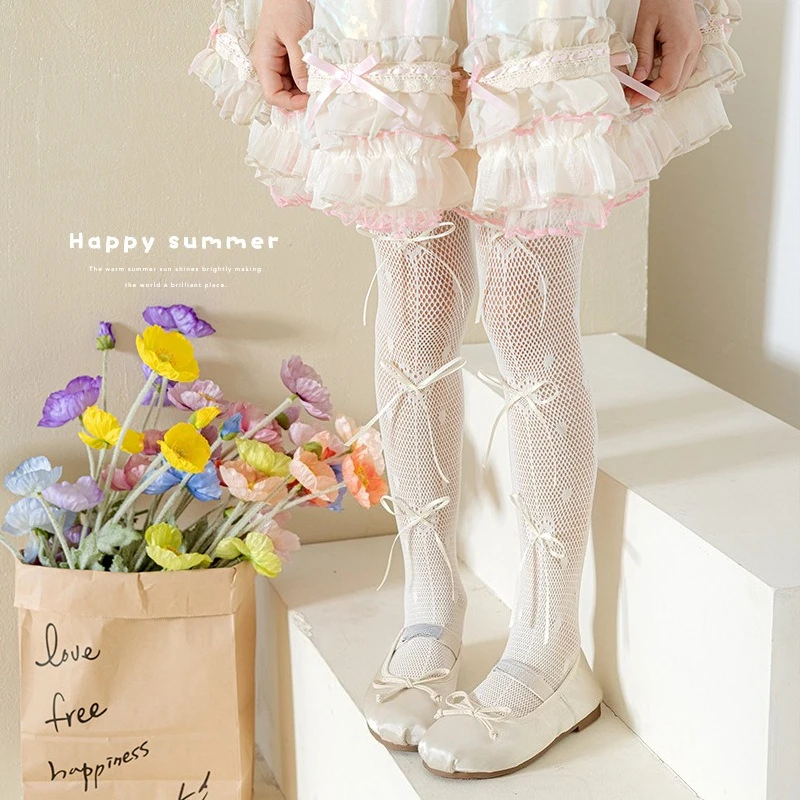Summer Thin Baby Tights for Girl Mesh Hollow Breathable Pantyhose Bow Ribbon Heart Korean Fashion Kids Legging Stocking Sock