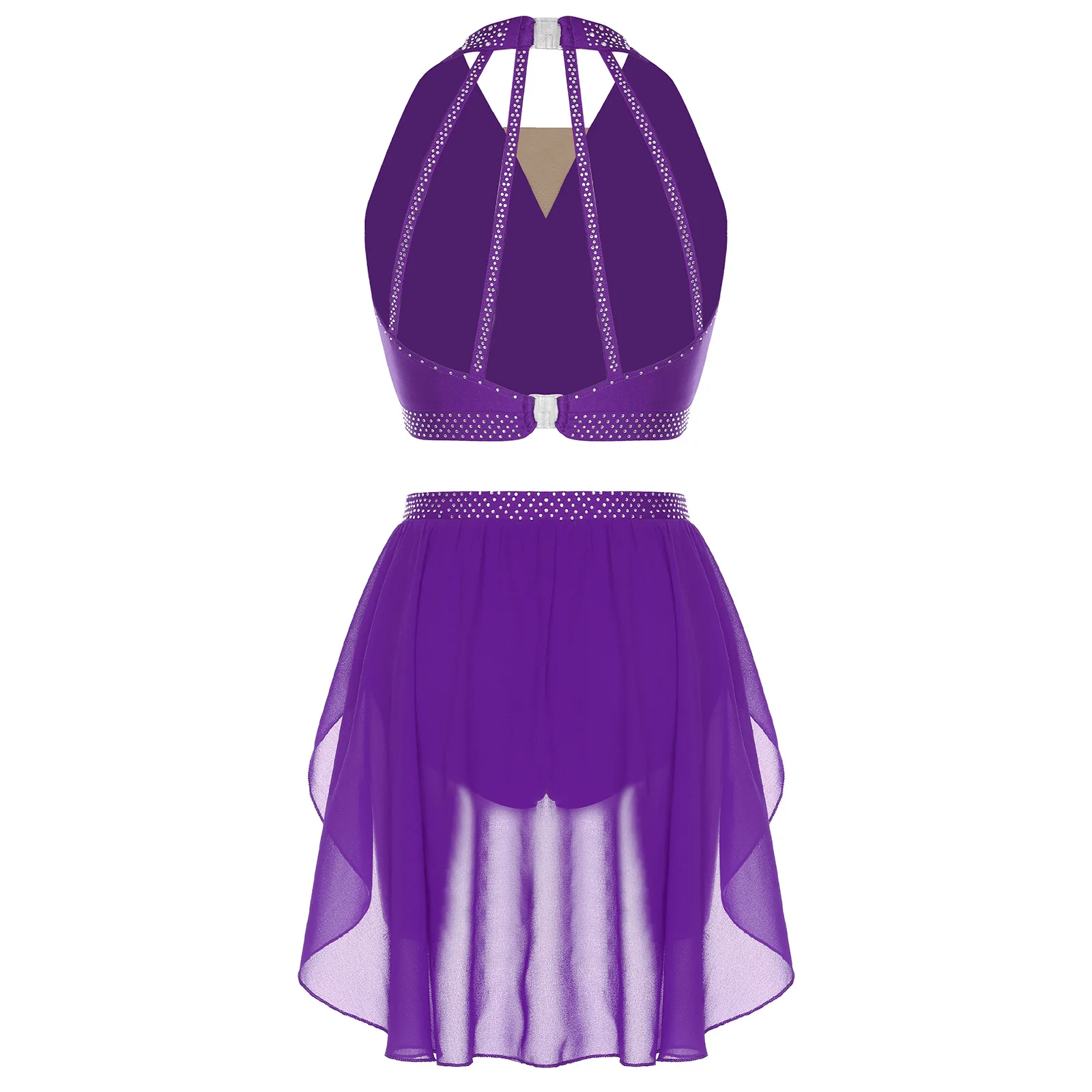 

Women Figure Skating Performance Costume Lyrical Modern Belly Outfit Sleeveless Halter Ruched Crop Top And Mesh Briefs Skirt Set