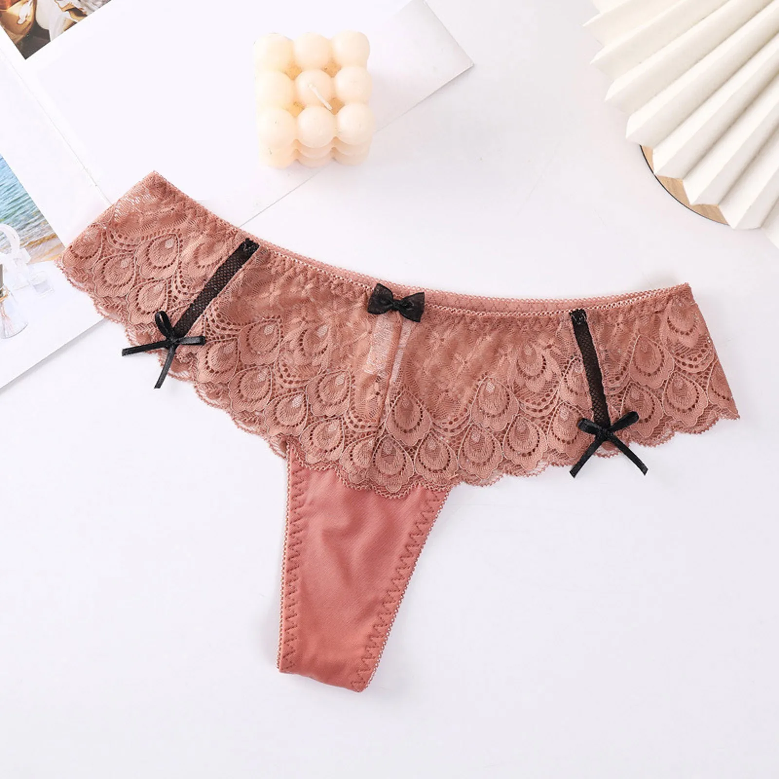 Women\'s Fashion Sexy Panties T Pants Lace Trim Bow Transparent Hollow Thong Panties plus Size Thongs