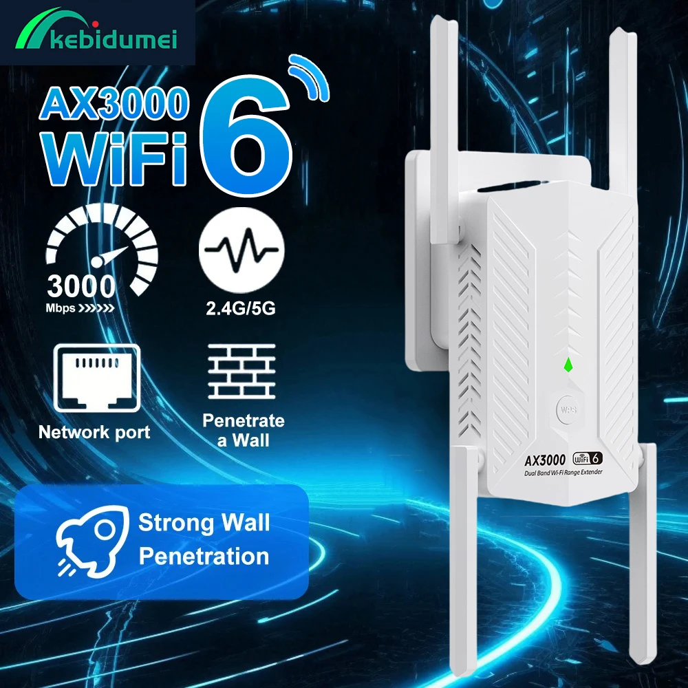 

Kebidumei AX3000 WiFi 6 Repeater Extender Booster Dual Band 2.4G/5GHz Wi-Fi WPS Signal Amplifier Network Router for Home Office