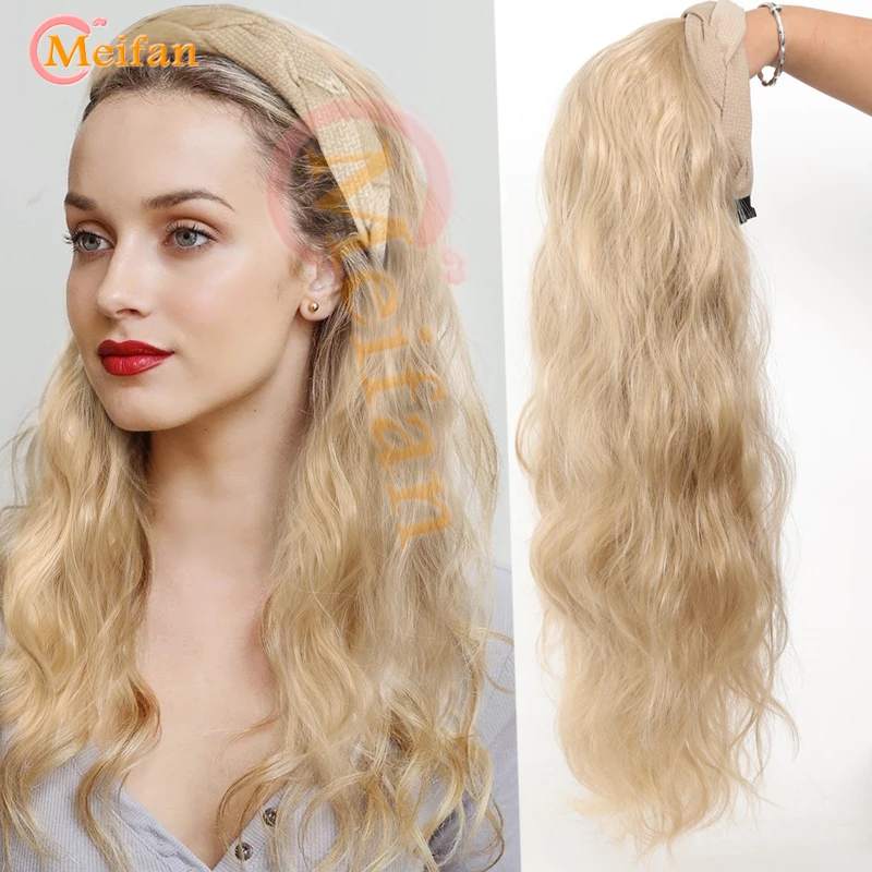 Long Wavy Blonde Headband Wig Synthetic Clip on Hair Extension U-Shaped Fake Hairpieces Natural False Half Wig for Women