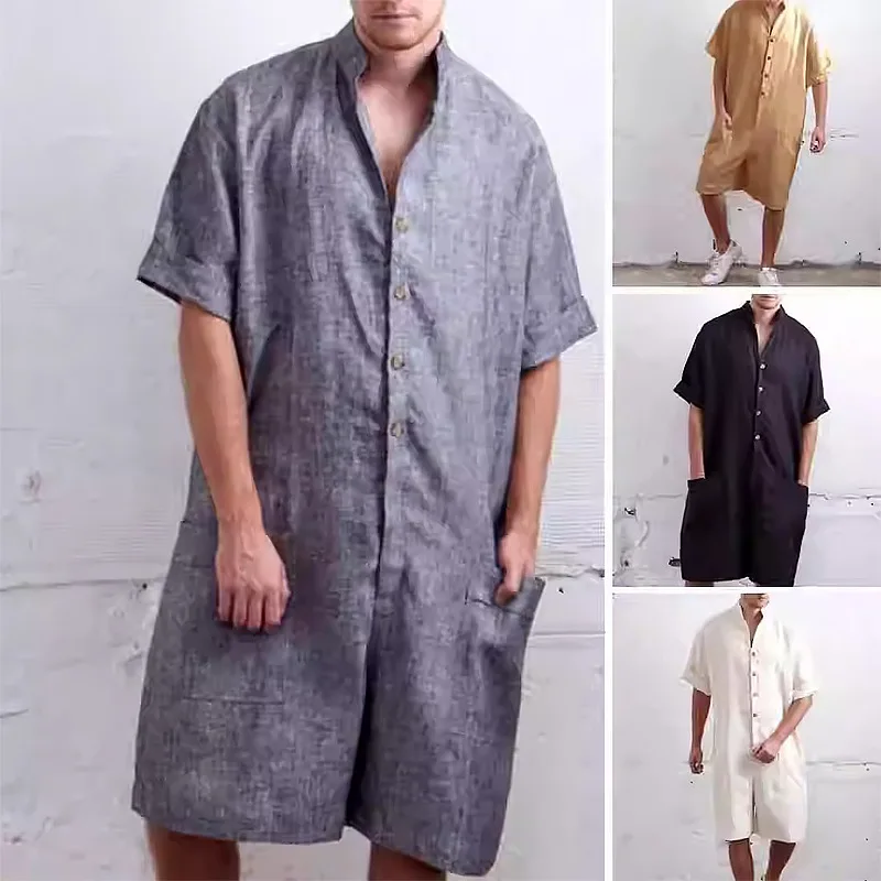 American European New Fashion Men's Casual Trendy Solid Color Short Sleeve Turn-down Collar Loose Knee Length Jumpsuits Male