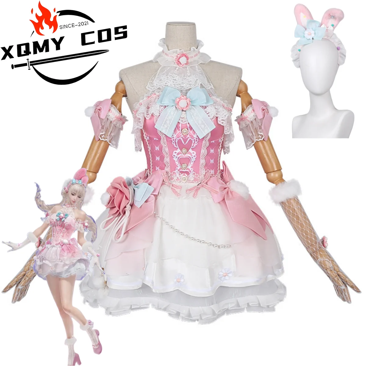 

XqGame Naraka: Bladepoint Cyra Cosplay Costume Pink White Lolita Princess Dress Bowknot Adult Woman Kawaii Birthday Party Suit