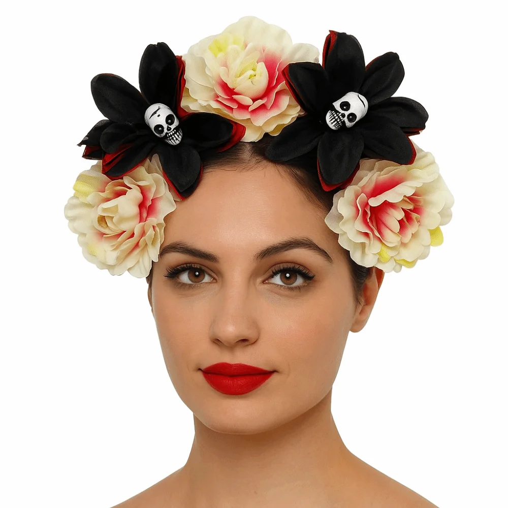 Exaggerated Skull Head Headband Simulation Flower Colorful Halloween Hair Hoop Funny Halloween Decor Gothic Flower Hairband