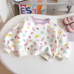 Casual Girls' Sweatshirt Autumn New Fashion Floral Printed Long Sleeve Top Korean Baby Girls O-neck Cotton Bottoming Shirt