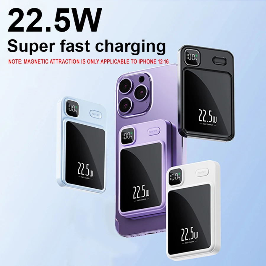 Tragbare magnetische Mini-Powerbank mit 10.000 mAh und 15 W kabelloser Schnellladefunktion, geeignet für iPhone 15, 14 Plus und 13 Pro Max (USB-C), mit LED-Digitalanzeige, ideal für Reisen und als