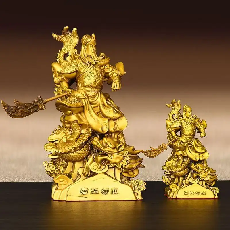 Brass Statue Holding A Sword, , God Of Wealth And Martial Arts, Standing On A Dragon, Guan Gong Rid