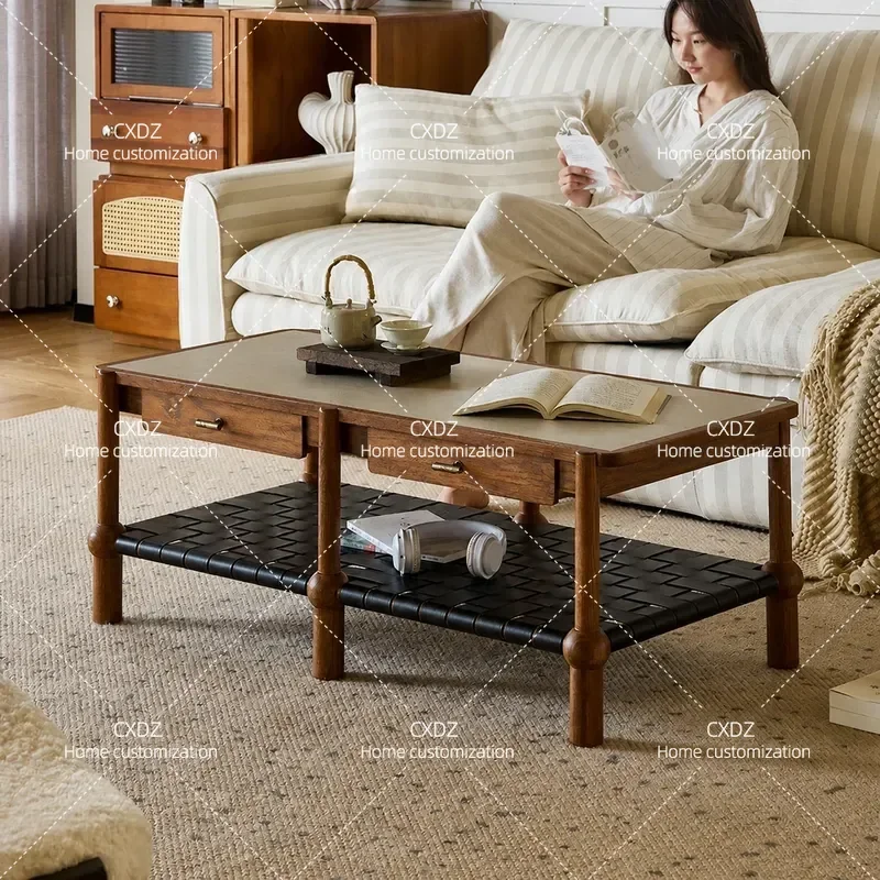 Rectangular Wood Color Retro Coffee Table with Storage Solid Wood Tea Table Double Layer Square Table for Living Room