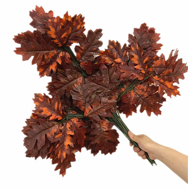 12pcs Artificial Glue Coated Oak Tree Leaf Branch for Greenery Wall Faux Three Forks Eiche Tree Stems
