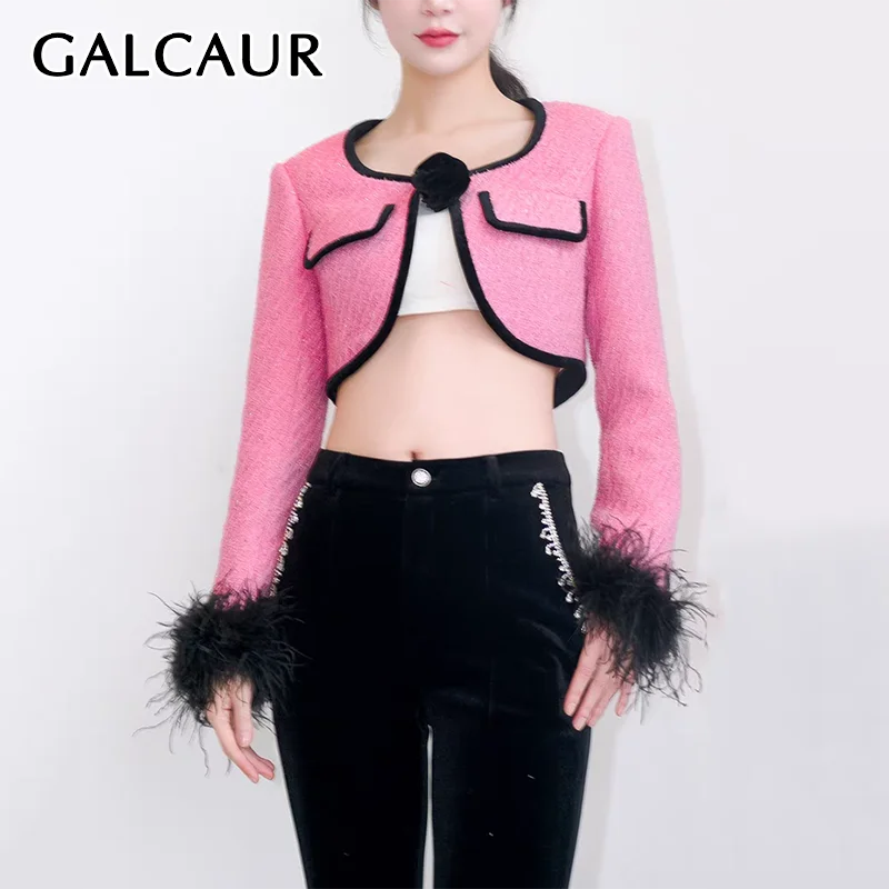 

GALCAUR Celebration Women's Cardigan Coats Spliced Rose Flower O Neck Long Sleeve Patchwork Feather Decoration Jacket Female New