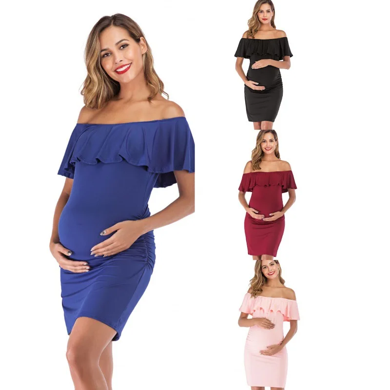 

Pregnant Women Pregnancy Dress Fashion Short Sleeve Slash Neck Solid Ruffles Mama Dress Maternity Clothing Dresses