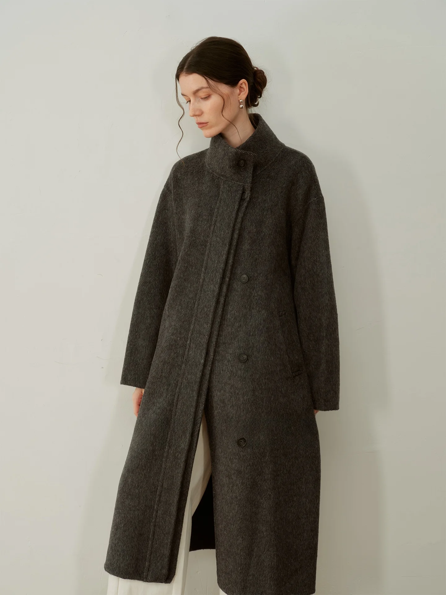 

ISENSEE Двустороннее шерстяное длинное пальто с воротником-стойкой, женская верхняя одежда, новинка зимы, для повседневной носки, стандартная длина рукава