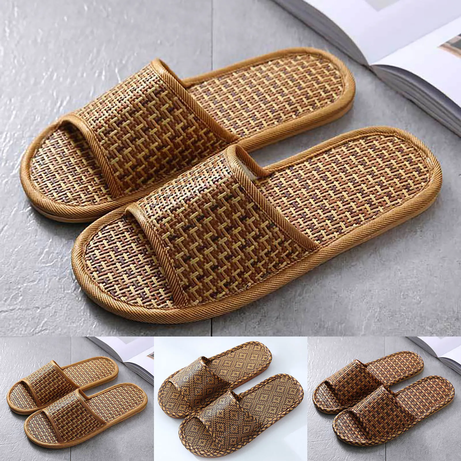 Rattan Linen Home Slippers for Women Men Summer Wisteria Woven Cooling Floor Indoor Slides Unisex Bedroom Shoes Mujer Zapatilla