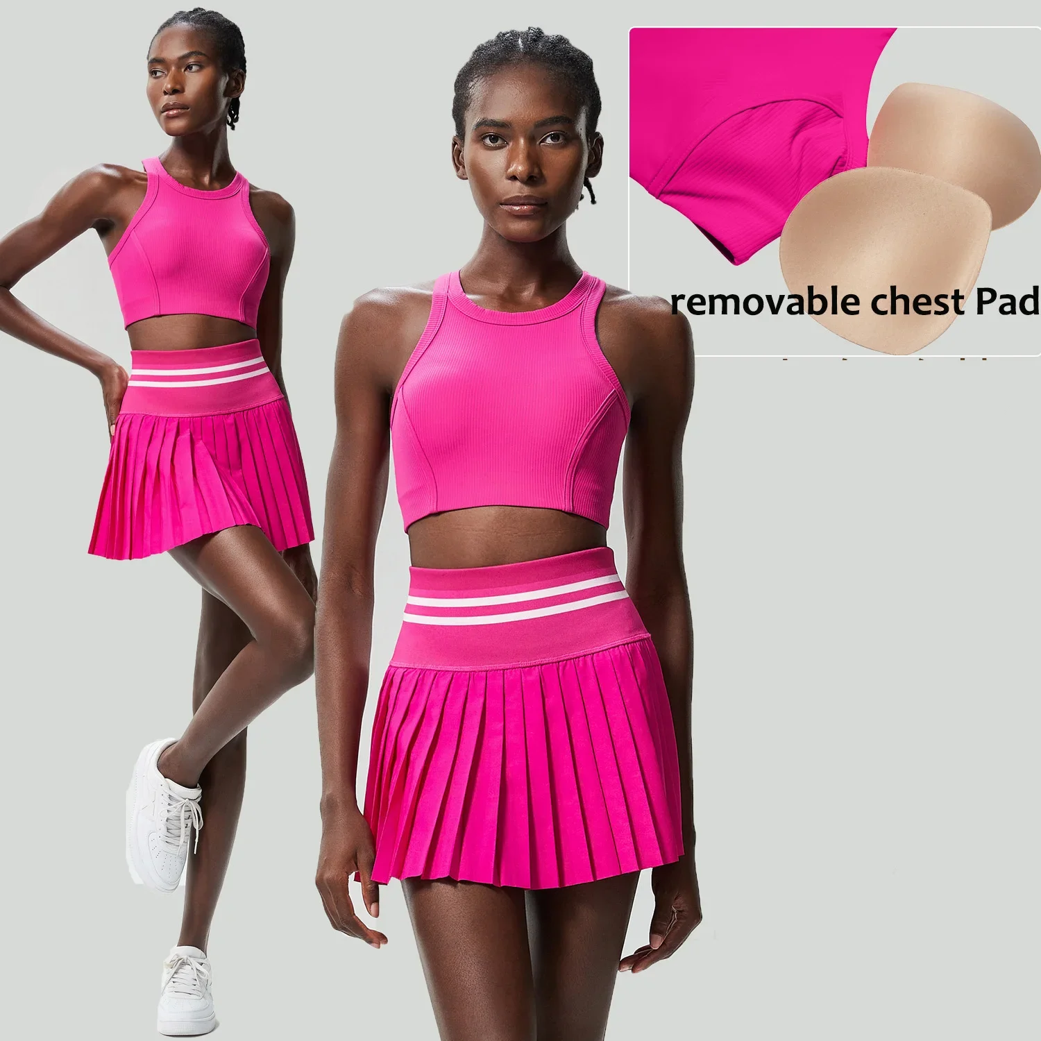 Woman Sports Knit Fashion 2pcs Set Removable Pad Top Yoga Fast Dry Fitness Pleated skirt Suit Tennis