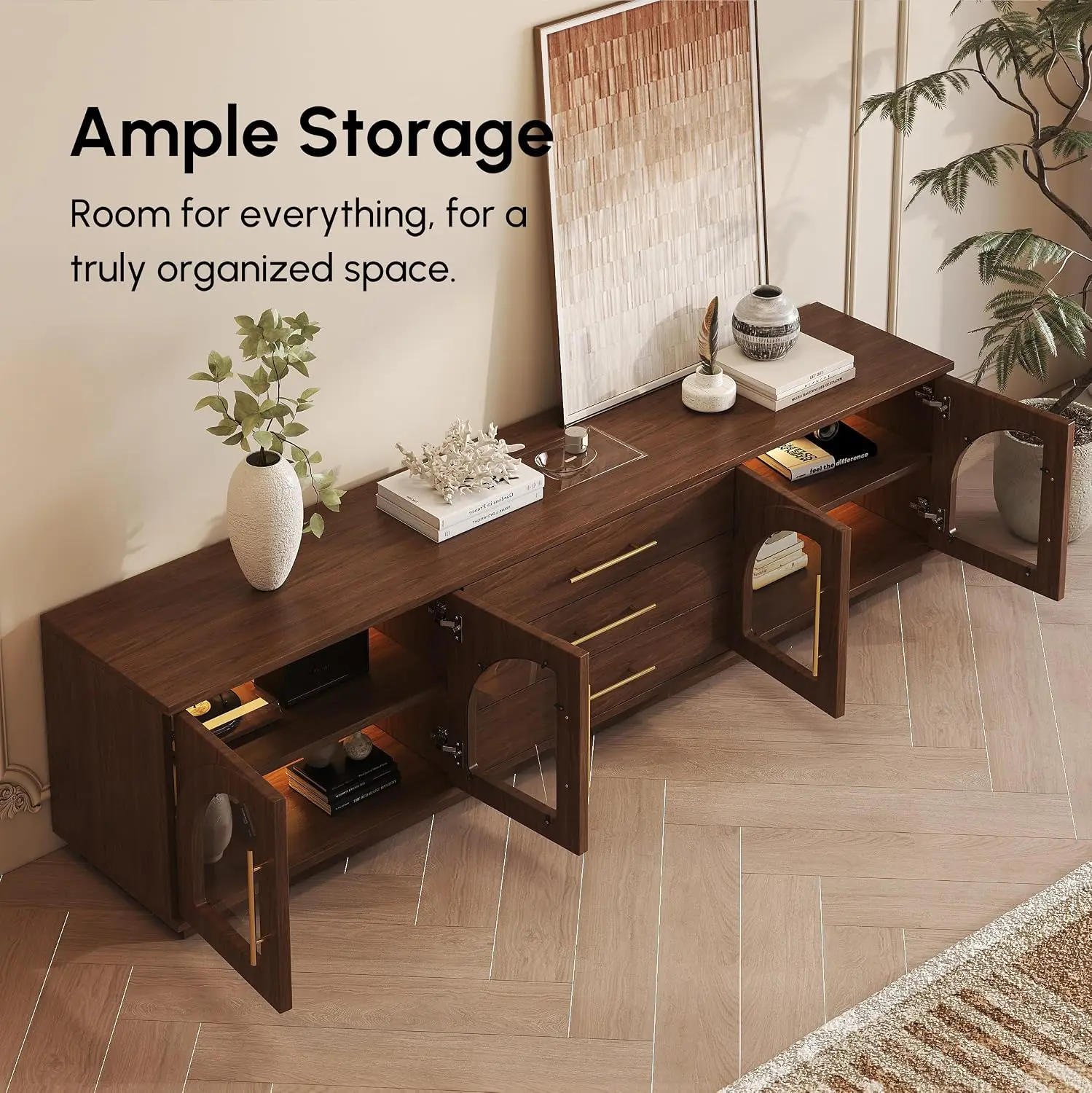 80" Walnut TV Stand for 75" TV with LED, Glass Doors & Drawers