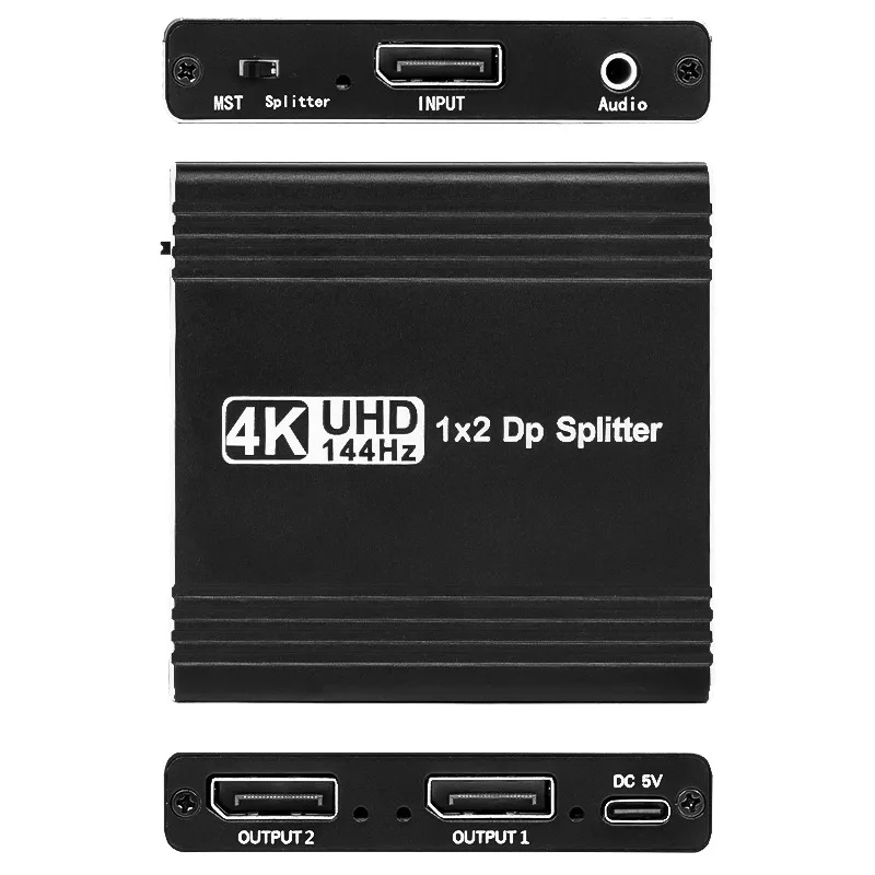 1x2 DP Splitter MST Hub DP1.4 4K@144Hz 32.4Gbps Dual DisplayPort Output Aluminum Alloy Metal Splitter With Power Adapter For PC