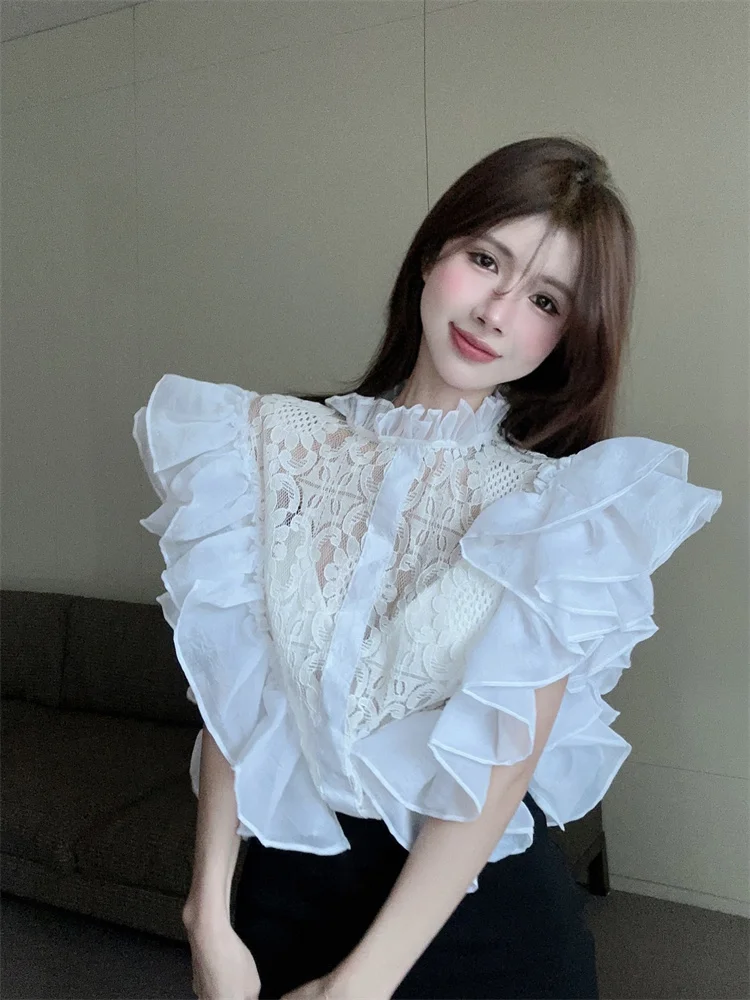 

Elegant Lace Hollow out Hook Flower Women's Shirt Korean Style Commute Long Sleeve Short Length Beautiful Top Summer Sexy