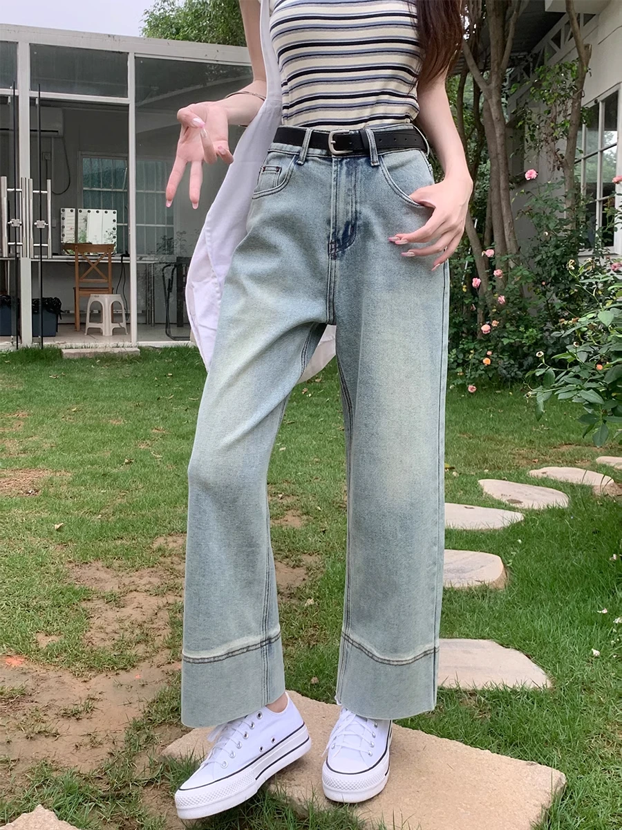 

American Style Vintage Light Wash Straight Leg Nine-Tenths Jeans Women's Spring Autumn New Small Size High Waist Slim Loose W...