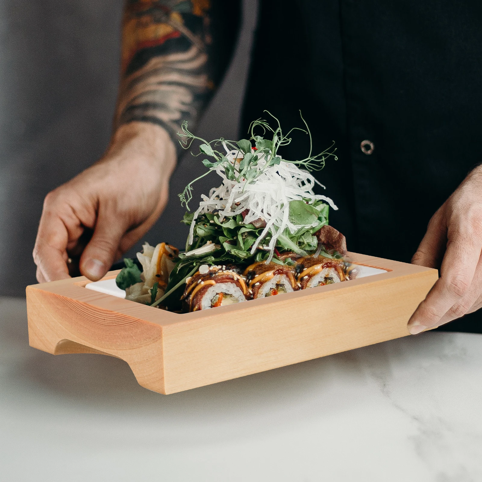 

Sushi Plates Rectangular Ice Wood Serving Tray Wooden Japanese Restaurant Dishes Platter