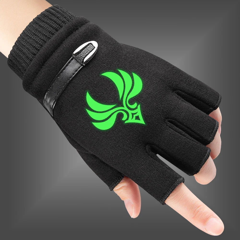 Anemo Element Autumn Kids Gloves Men Woman Gloves Genshin Impact Fluorescent Luminous Fingerless Gloves Warm Knitted Gloves