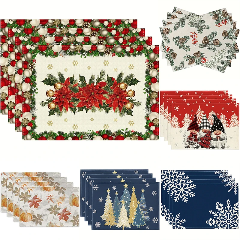 Multi‑Season Holiday Table Placemats Christmas Gnome Snowflake  Winter Pine Poinsettia Dining Table Decoration Mats 4/6/8PCS