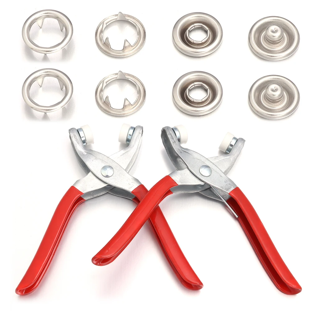 200Pcs Prong Rings 9.5mm Buckle Buttons Metal Colour Pliers Snap Button Claw DIY Set Hand Pressure Plier Rivet Buckle Sew Tool