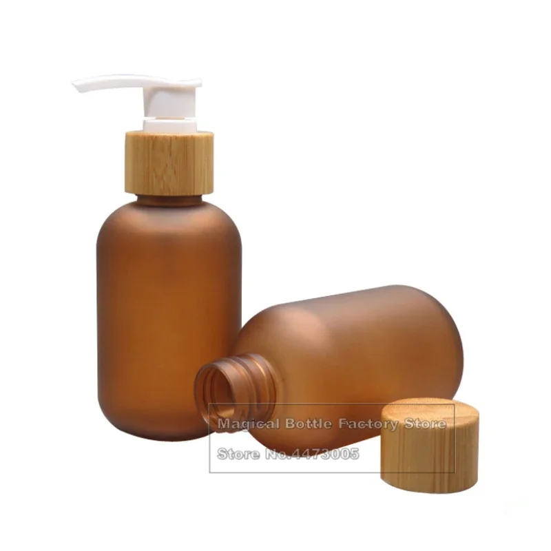 PET Plastic Frosted Brown Liquid Toner Plastic Bottles With Bamboo Screw Cap Transparent PET Cosmetic Container