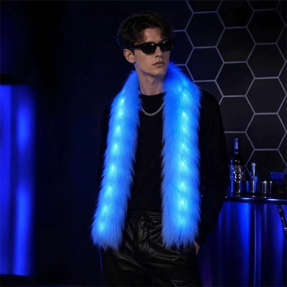 Funny White Plush LED Flash Scarf Fluffy Warm Winter Plush Scarf Light Up Soft Luminous Glowing Scarf Party