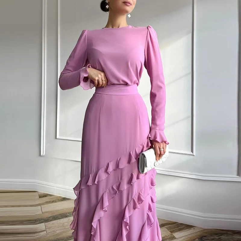 

Stylish Slim Commuting Outfits Spring Summer New Women Clothing Spring Simple Solid Color Long Sleeve Tops&Ruffles Skirts Sets