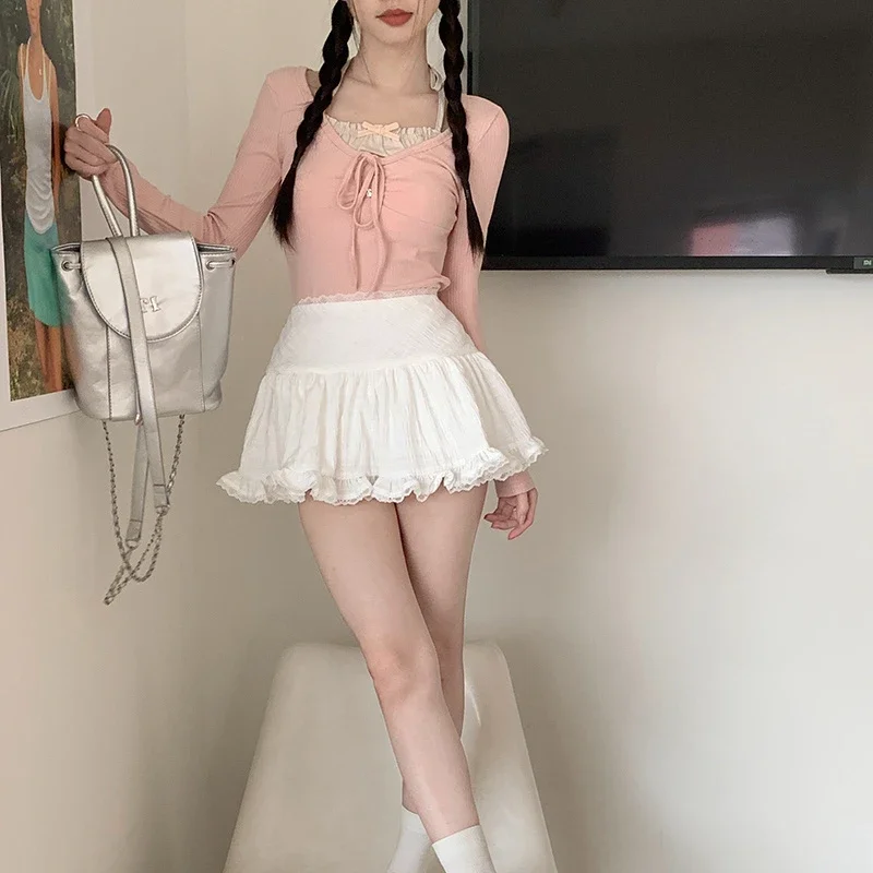 2025 Sweet Solid Skirts Women Summer Sweet Style High Waist Lace A-line Fashion Short Skirt Woman
