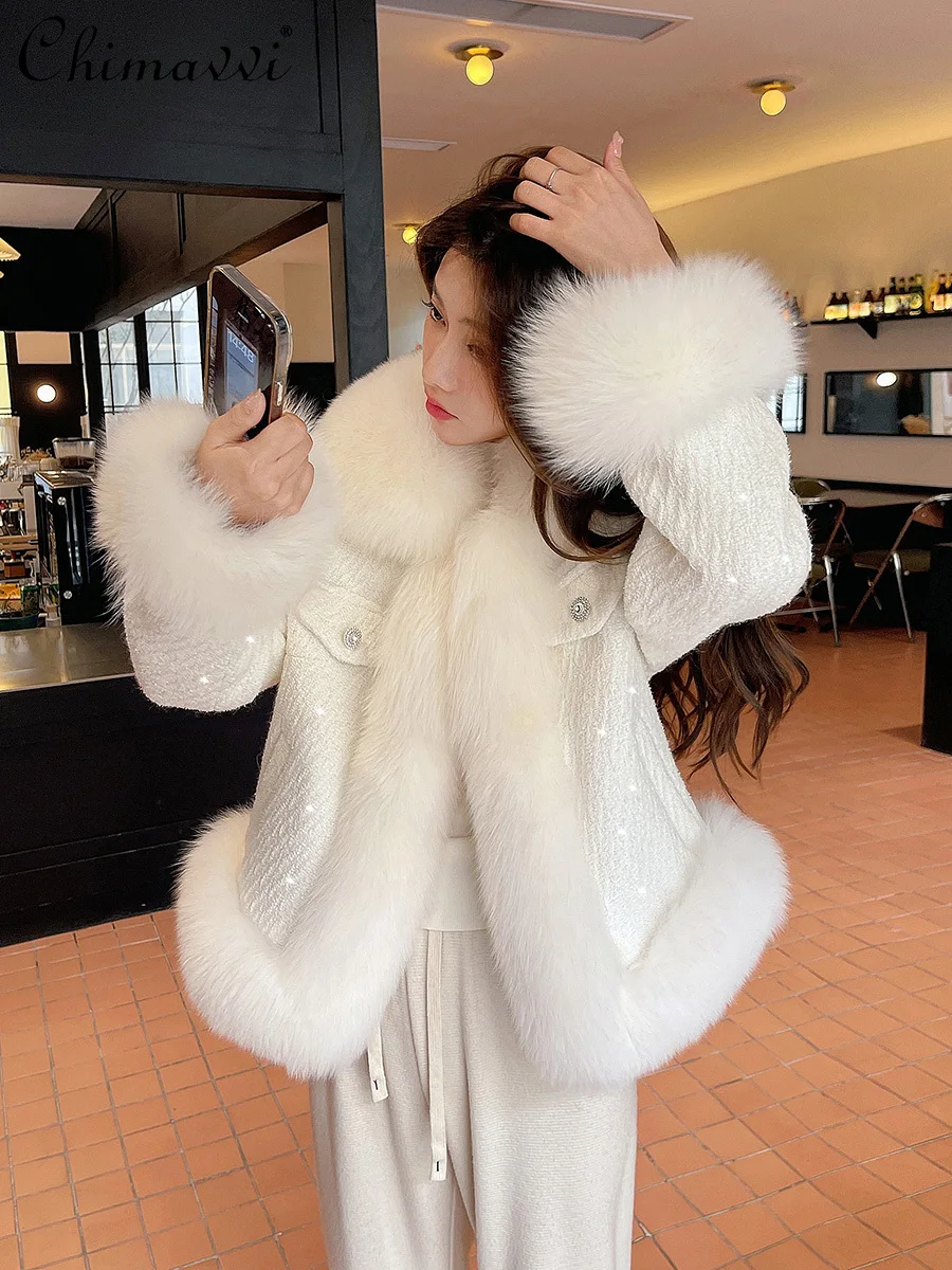 

Autumn and Winter Ladies New White Imitation Fox Fur Jacket Women High-Grade Slim-Fit Long-Sleeved Elegant Warm Faux Fur Coat