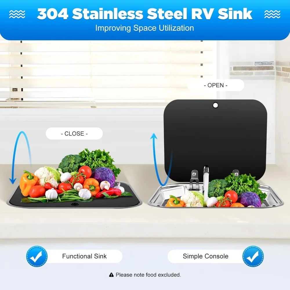 حوض المطبخ RV للمقهى مع صنبور قابل للطي وغطاء، وعاء واحد من الفولاذ المقاوم للصدأ، حوض غسيل يدوي مع غطاء لـ