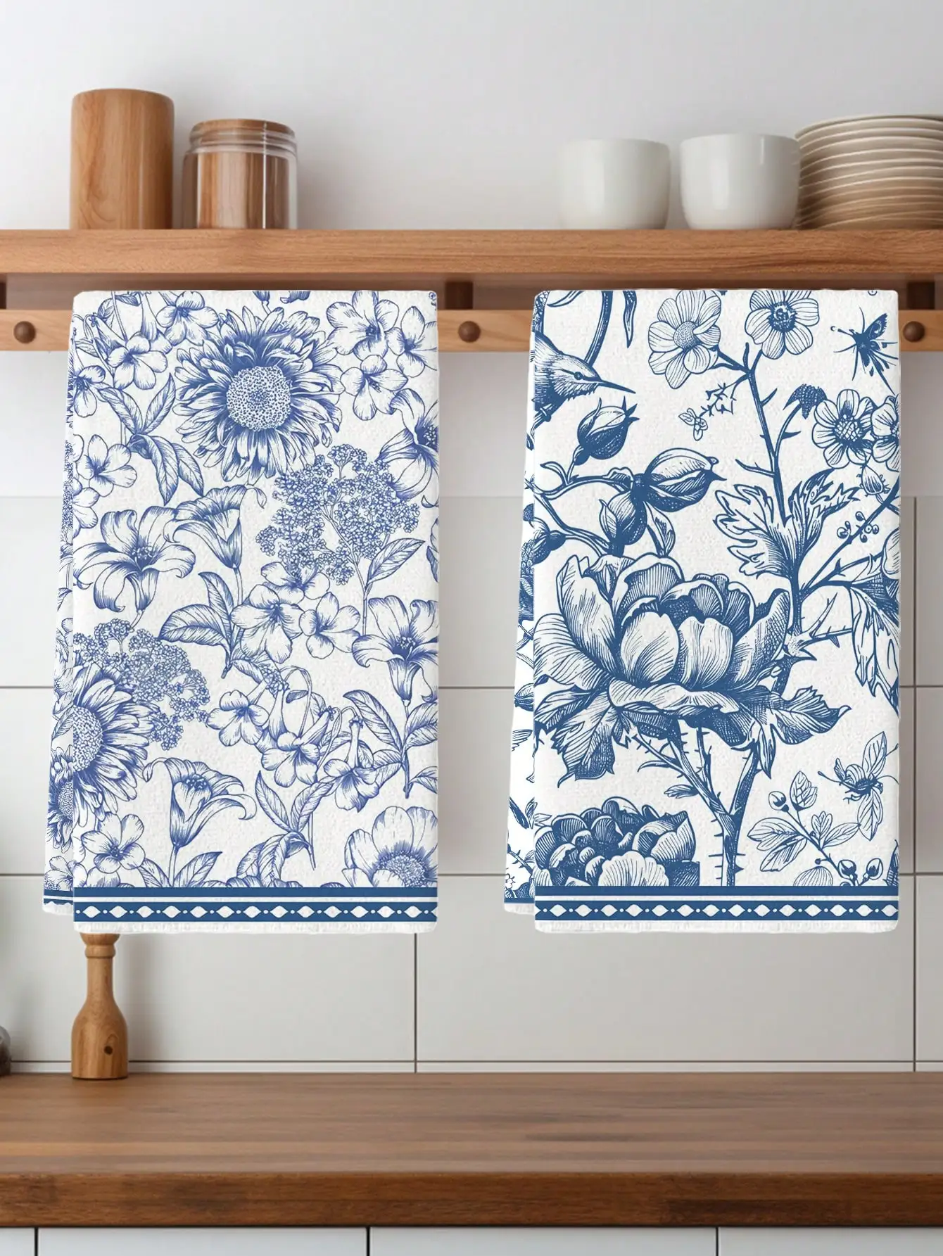 2pcs Vintage Chinese Blue & White Porcelain Floral & Bird Pattern Kitchen Towels, Farmhouse Style Dish Cloths, Tea Towels, Kitchen & Dining Decor, Suitable For Daily Cleaning In Kitchen And Dining Room