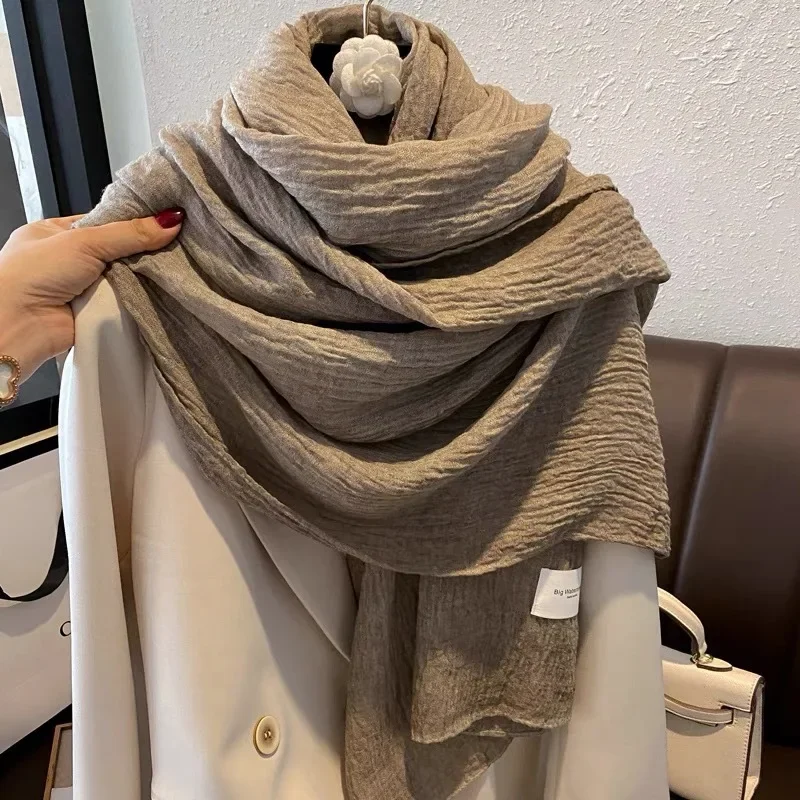 Tie Dyed Retro Artistic Pleated Cotton and Linen Scarf Long Autumn and Winter Women\'s Warm Shawl Casual Gauze Khaki Color Gift