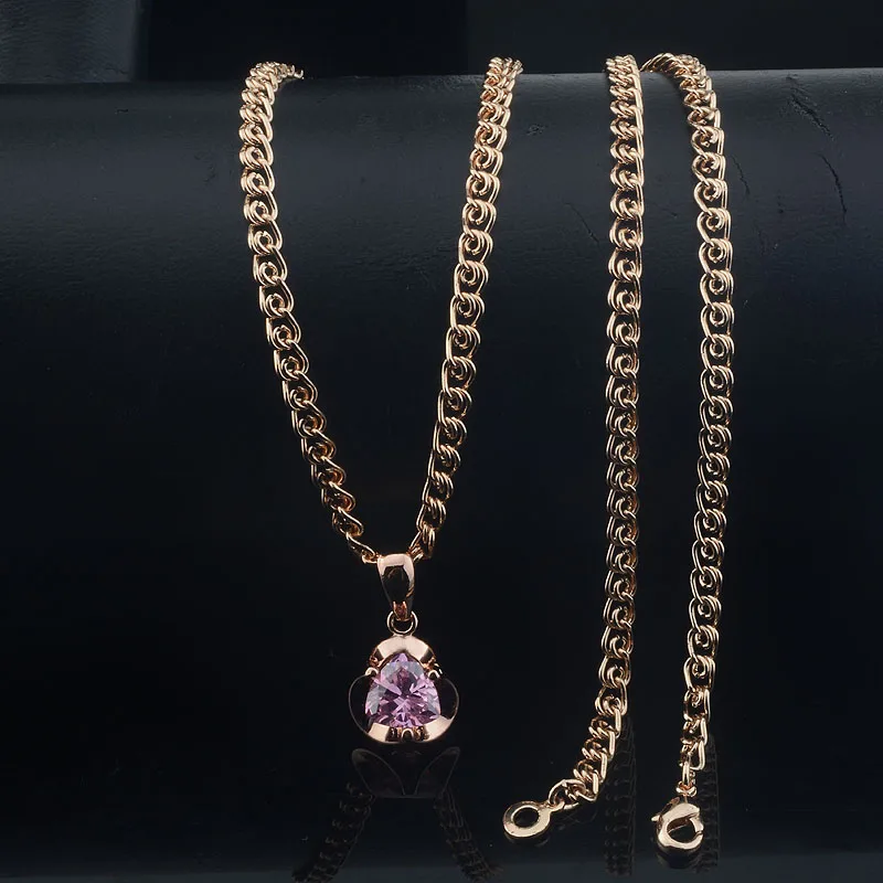 Fashion Jewelry Women  585 Rose Gold Color Pink Stone Flowers Pendant  And Chains