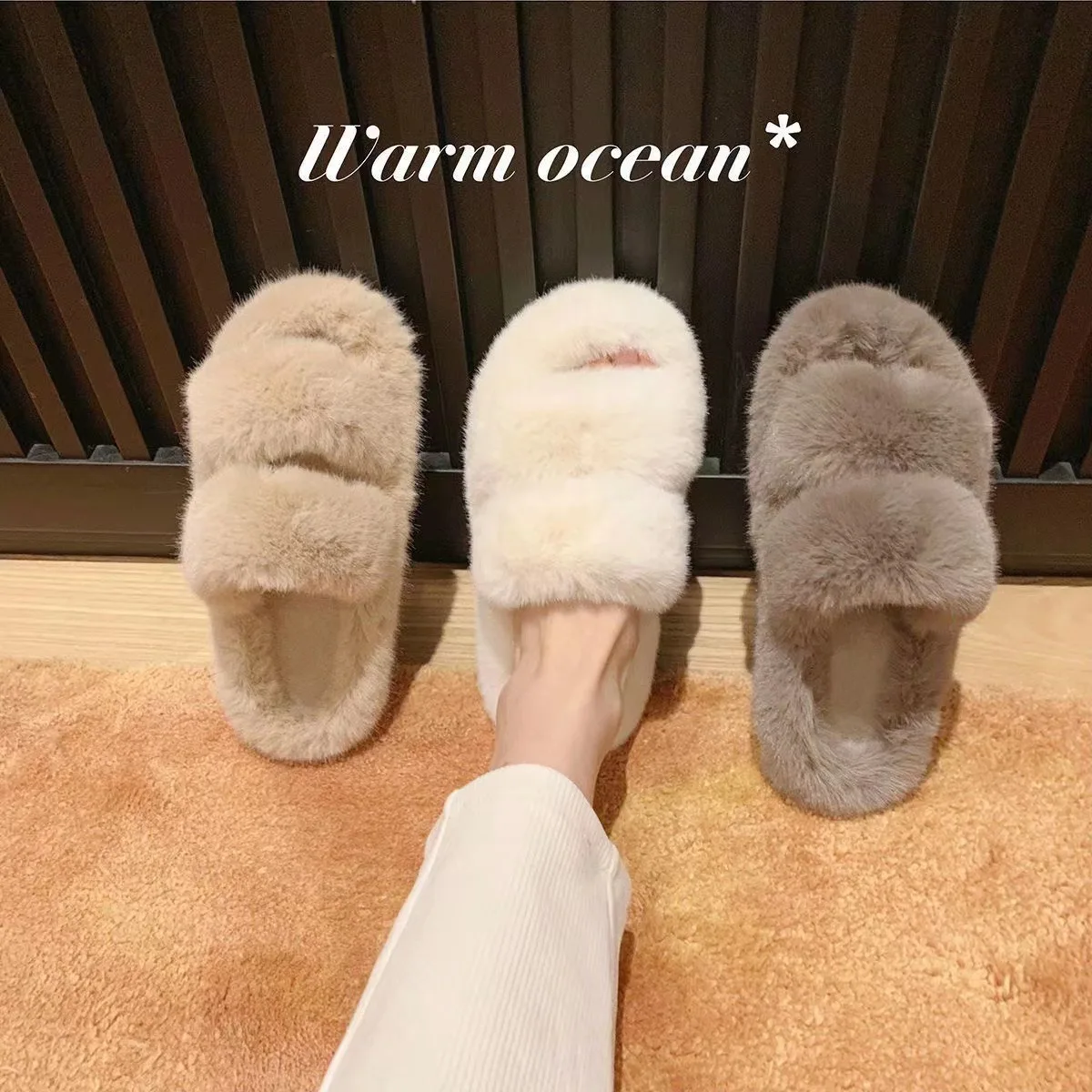 

New solid color women's winter clothing fluffy slippers wear new fashion flat comfortable home shoes indoor floor shoes
