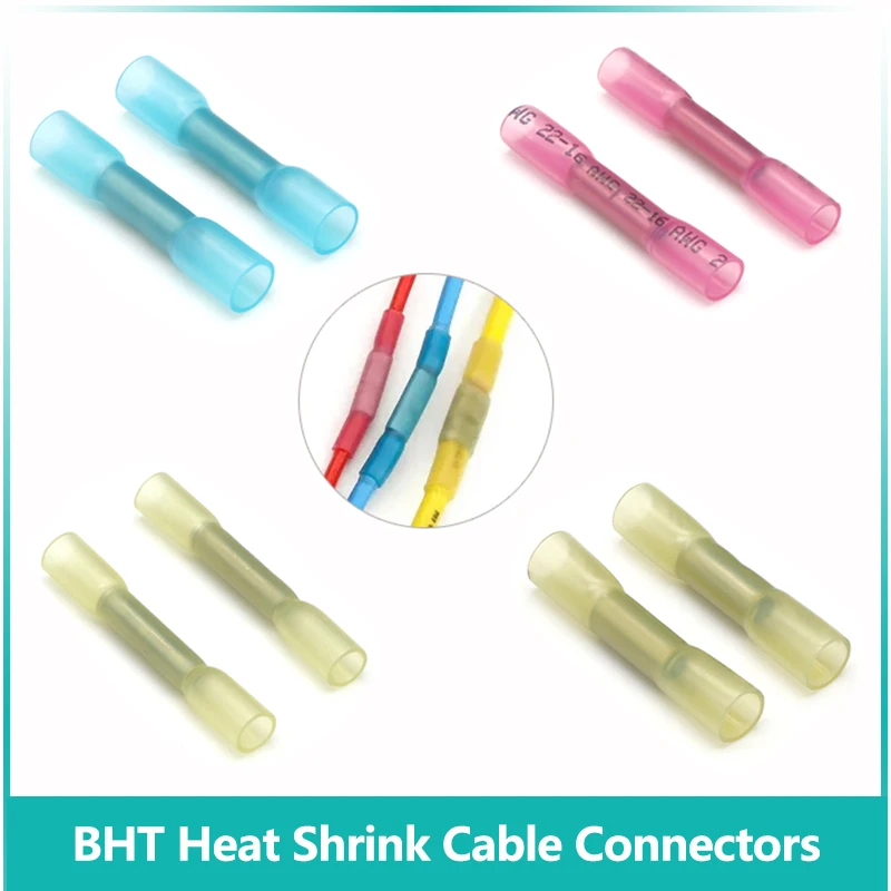 

10~1000pcs BHT 0.5/1.25/2/5 Glue Inside Insulated Heat Shrink Butt Connectors Wire Electrical Crimp Waterproof Copper Terminals