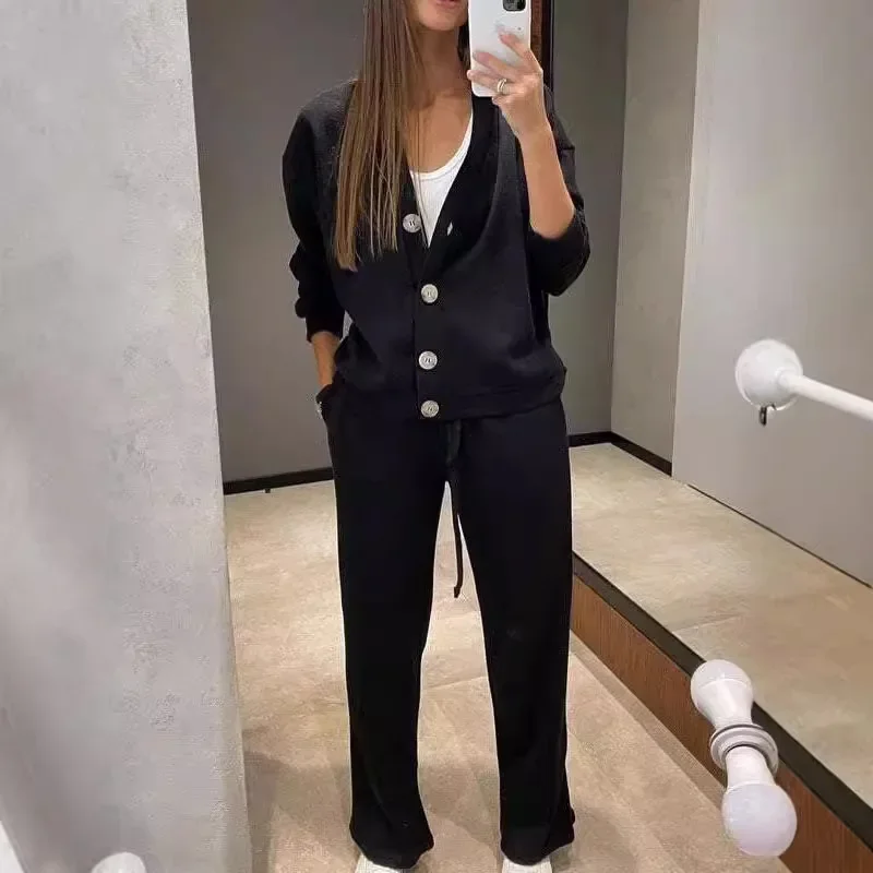 

V Neck Button Long Sleeve Tops Elegant Pant Sets Women Sporty Drawstring Long Pants Two Piece Set Casual Solid Cardigan Suit